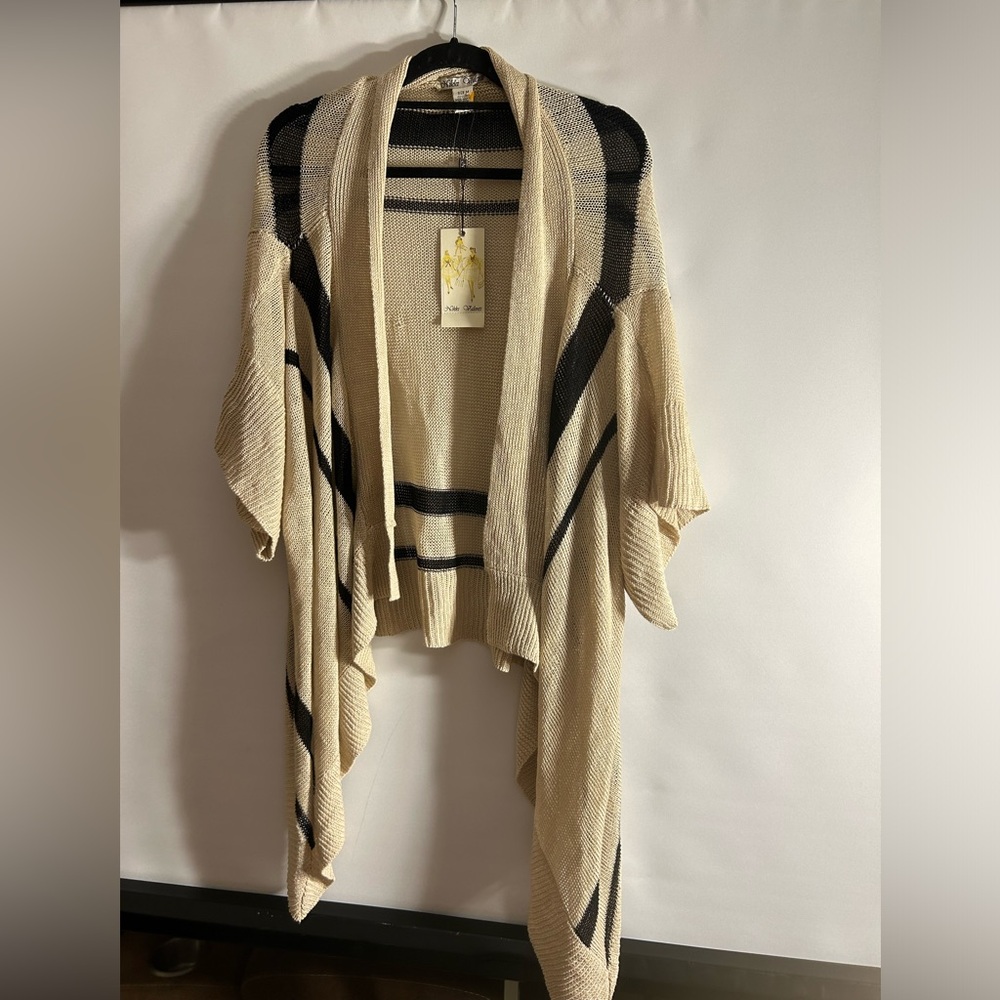 NIKKI VALENTI 100% LINEN OVERSIZED BEIGE AND BLACK STRIPED CARDIGAN SIZE MEDIUM